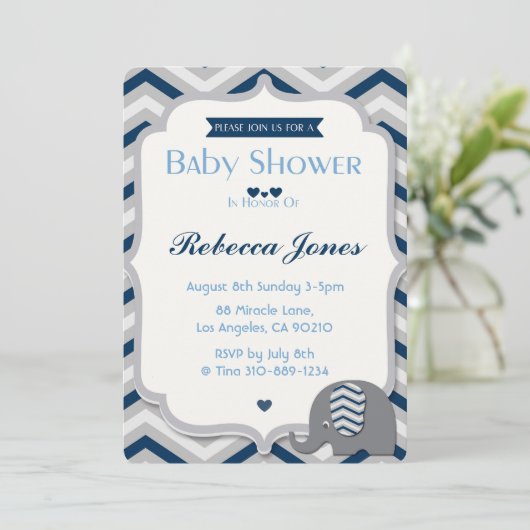 象のベビーシャワーの招待状の男の子の青シェブロン 招待状 (スタンド正面)