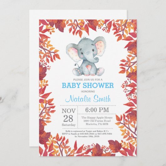 象のベビーシャワーの花の秋の秋の招待状 招待状 (正面/裏面)