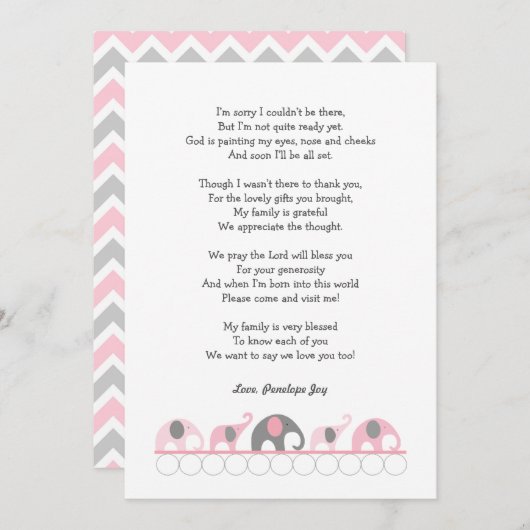 象のベビーシャワーはノート/ピンクの灰色感謝していしています サンキューカード (正面/裏面)