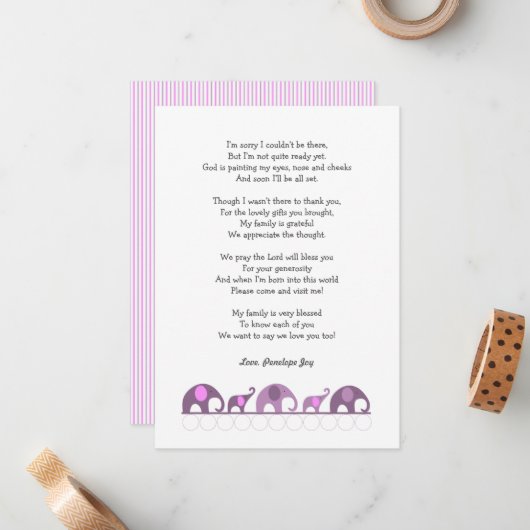 象のベビーシャワーはノート/紫色のピンク感謝していしています ノートカード (正面/裏面インサイチュ)