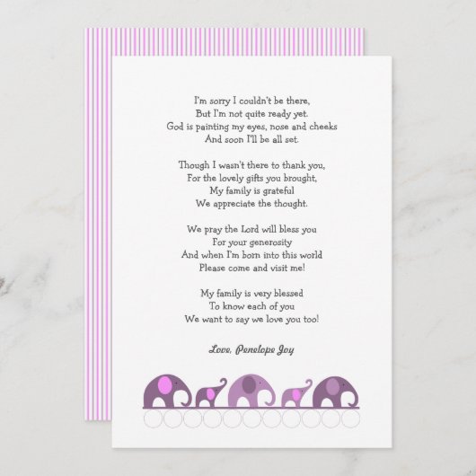 象のベビーシャワーはノート/紫色のピンク感謝していしています ノートカード (正面/裏面)