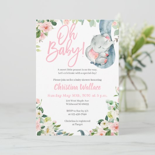 象のベビーシャワー招待状と少女 招待状 (スタンド正面)