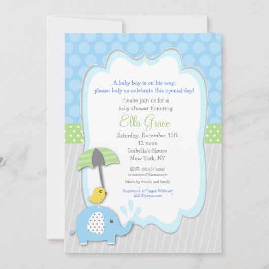 象のベビーシャワー招待状の男の子 招待状 (正面)