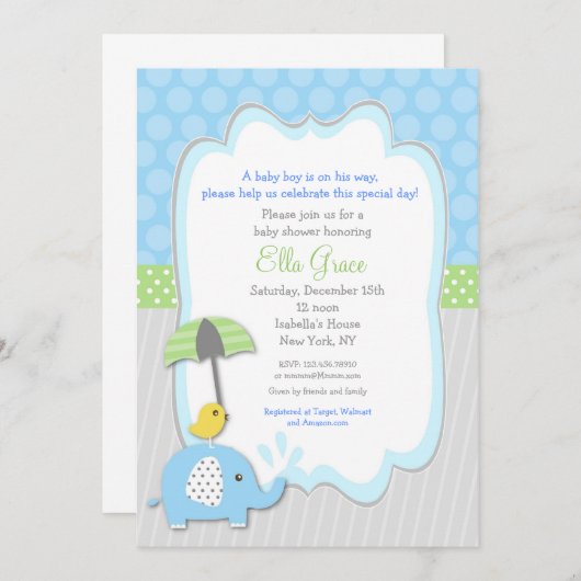 象のベビーシャワー招待状の男の子 招待状 (正面/裏面)