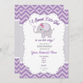 象のベビーシャワー招待状 女の子 パープル グレー 招待状 (正面/裏面)