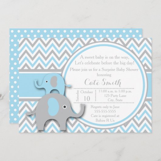 象のベビーシャワー招待状、青と灰色 招待状 (正面/裏面)