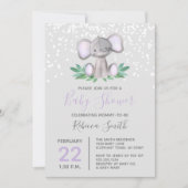 象のベビーシャワー紫の水彩 招待状 (正面)