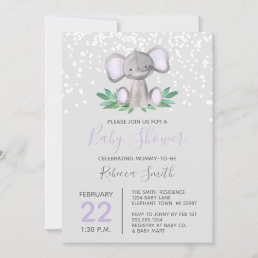 象のベビーシャワー紫の水彩 招待状 (正面)