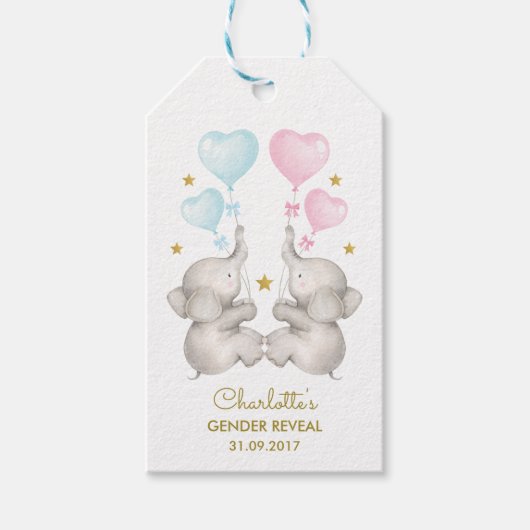 象のベビージェンダーが青いピンクの金ゴールドの好意を明らかにする ギフトタグ (正面)