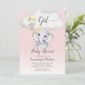 象のホットエアバルーン女の子の赤ちゃんシャワー |ピンクI 招待状 (スタンド正面)