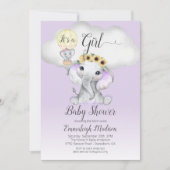 象のホットエアバルーン女の子の赤ちゃんシャワー |紫 招待状 (正面)
