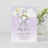象のホットエアバルーン女の子の赤ちゃんシャワー |紫 招待状 (スタンド正面)
