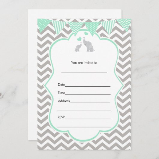 象のミントグリーンシルバー招待状 招待状 (正面/裏面)