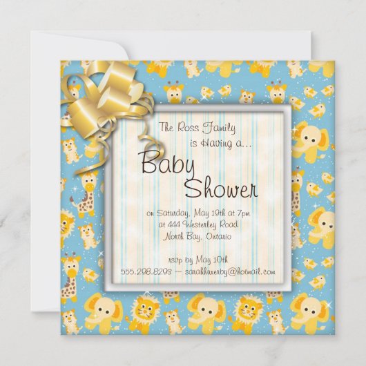 象のライオンのキリンの野生動物のベビーシャワー 招待状 (正面)