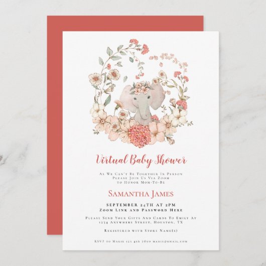 象のヴィンテージ葉サンゴの仮想ベビーシャワー 招待状 (正面/裏面)
