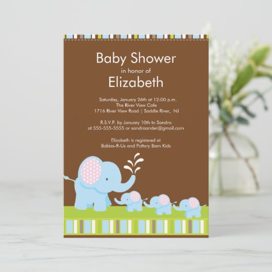 象の三重項のベビーシャワーの男の子の女の子 招待状 (スタンド正面)