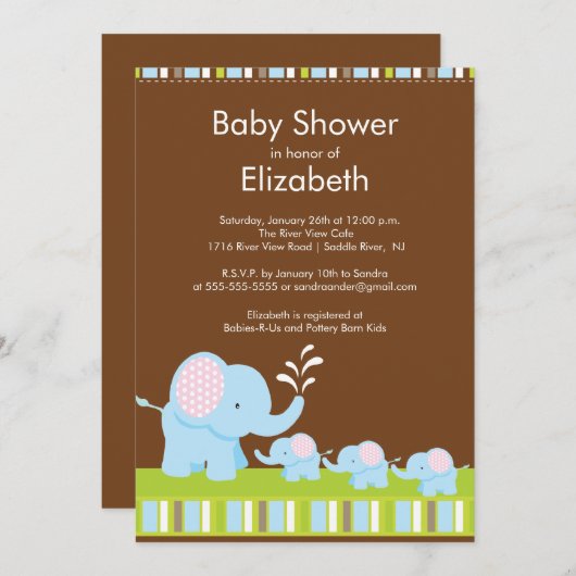 象の三重項のベビーシャワーの男の子の女の子 招待状 (正面/裏面)