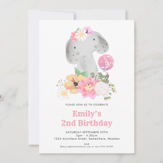 象の二番目の誕生日ガールジャングルピンクパーティー 招待状 (正面)