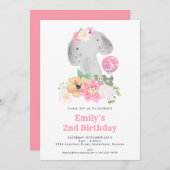 象の二番目の誕生日ガールジャングルピンクパーティー 招待状 (正面/裏面)