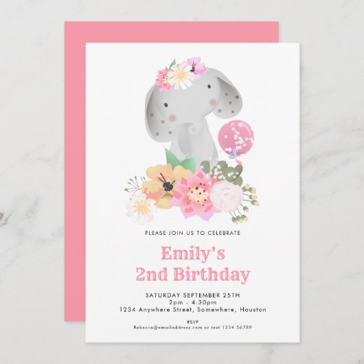 象の二番目の誕生日ガールジャングルピンクパーティー 招待状 (正面/裏面)