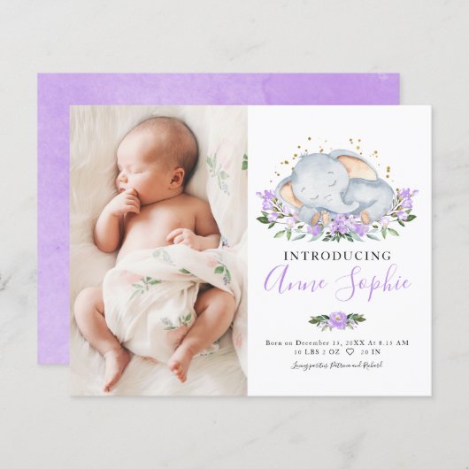 象の写真予算の誕生発表カード (正面/裏面)