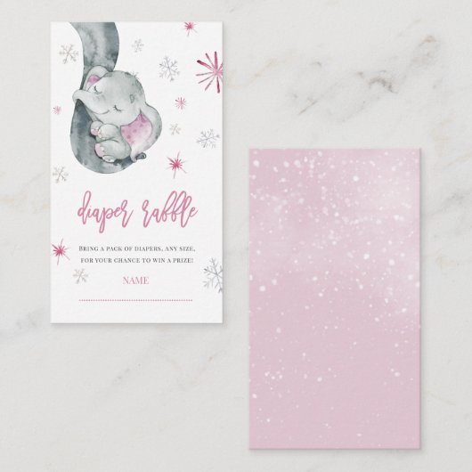 象の冬の女の子の赤ちゃんシャワーおむつラッフル エンクロージャーカード (正面/裏面)