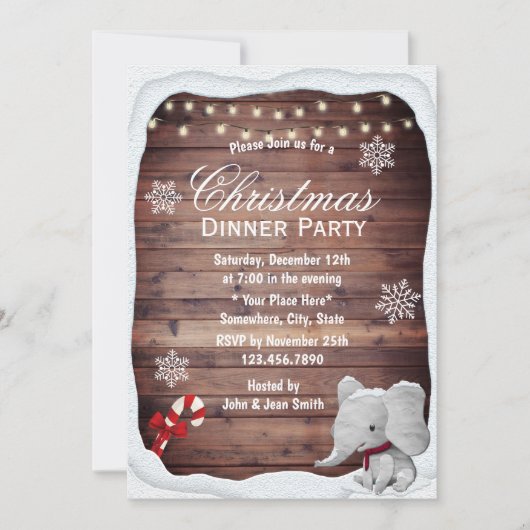 象の冬の雪の結晶クリスマスディナーパーティー 招待状 (正面)