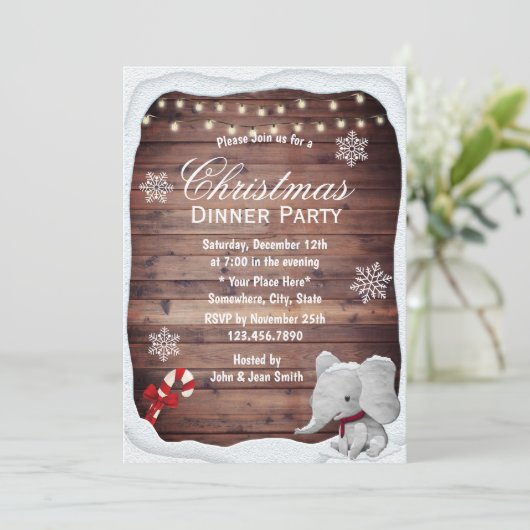 象の冬の雪の結晶クリスマスディナーパーティー 招待状 (スタンド正面)