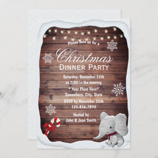 象の冬の雪の結晶クリスマスディナーパーティー 招待状 (正面/裏面)