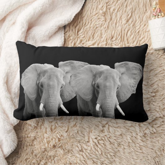 象の動物の黒い背景の写真 ランバークッション (ブランケット)
