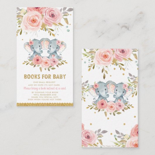 象の双子の女の子の赤ちゃんシャワーが本を持ってくる エンクロージャーカード (正面/裏面)