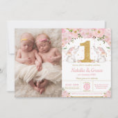 象の双子の女の子1歳の誕生日双子の写真 招待状 (正面)