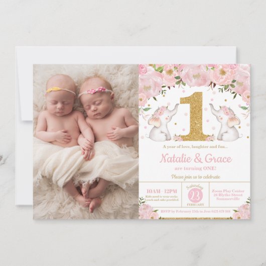 象の双子の女の子1歳の誕生日双子の写真 招待状 (正面)