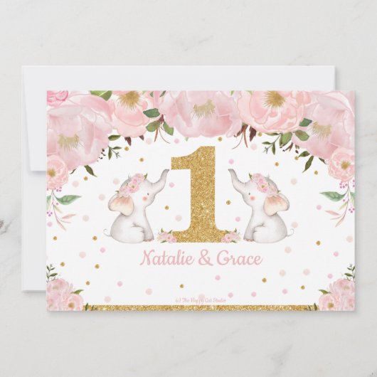 象の双子の女の子1歳の誕生日双子の写真 招待状 (裏面)