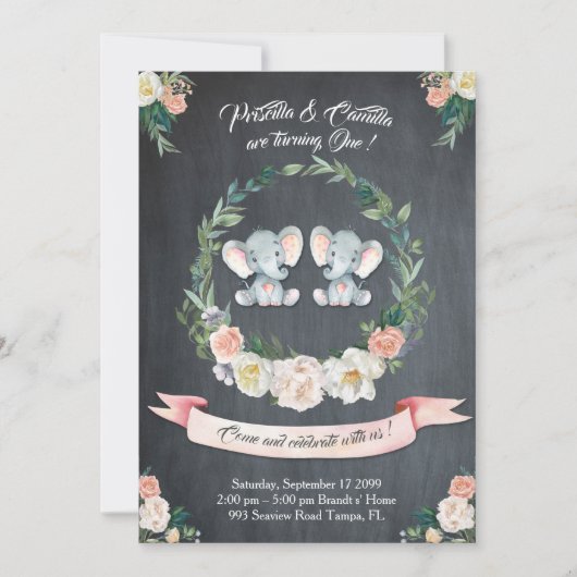象の双子の女の子 – 女の子招待状,フローラ,ベビー1st 招待状 (正面)