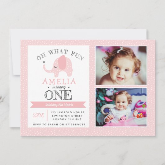 象の女の子の第1誕生日の招待状 招待状 (正面)