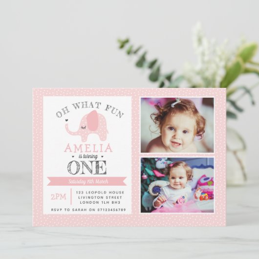 象の女の子の第1誕生日の招待状 招待状 (スタンド正面)