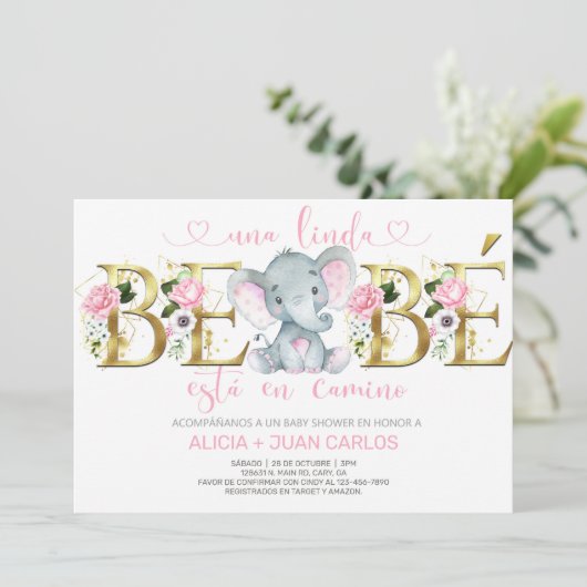 象の女の子の赤ん坊のシャワーの招待スペインの、. 招待状 (スタンド正面)