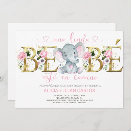 象の女の子の赤ん坊のシャワーの招待スペインの、. 招待状 (正面/裏面)