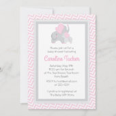 象の女の赤ちゃんのシャワーの招待状のピンク及び灰色 招待状 (正面)