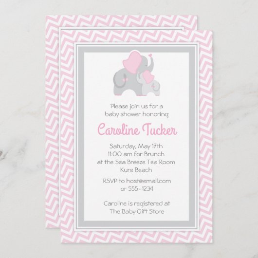 象の女の赤ちゃんのシャワーの招待状のピンク及び灰色 招待状 (正面/裏面)