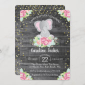 象の女の赤ちゃんのシャワーの素朴な花模様 招待状 (正面/裏面)