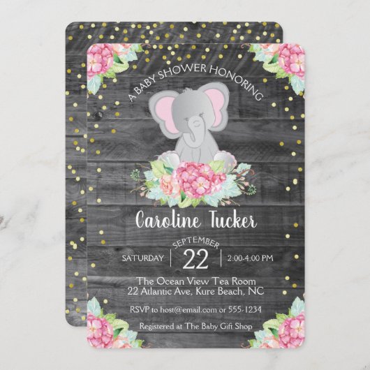象の女の赤ちゃんのシャワーの素朴な花模様 招待状 (正面/裏面)