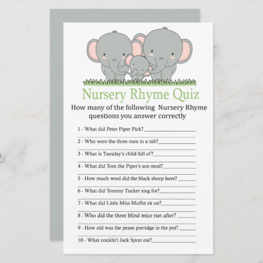 象の子供部屋韻クイズ赤ちゃんシャワーゲーム (正面/裏面)