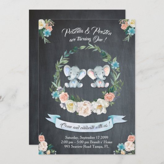 象の対の女の子少年の招待状、花柄、ベビー第1 招待状 (正面/裏面)