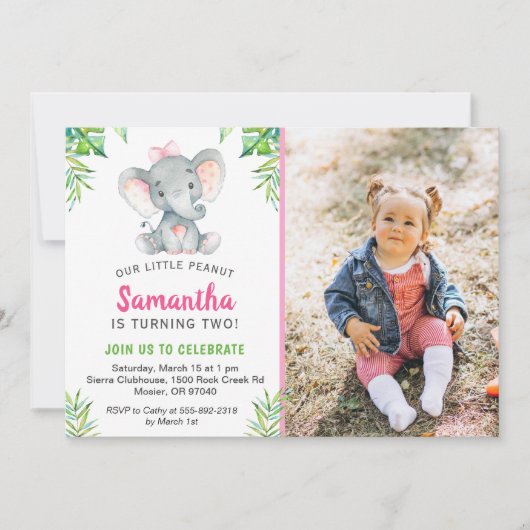 象の小さなピーナッツの女の子の誕生日パーティー写真 招待状 (正面)