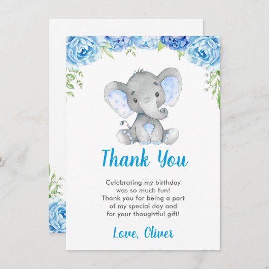 象の少年ブルー バースデーパーティ リトルピーナッツ サンキューカード (正面/裏面)