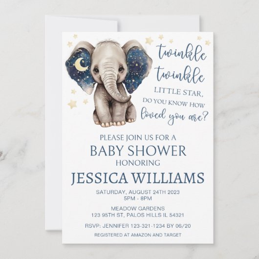 象の月と星の天の男の赤ちゃんシャワー 招待状 (正面)