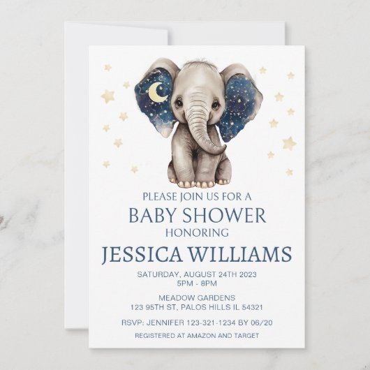 象の月と星の男の赤ちゃんシャワーの招待 招待状 (正面)