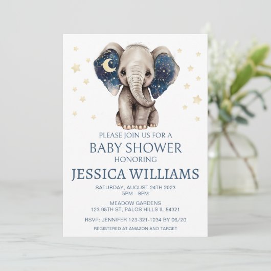象の月と星の男の赤ちゃんシャワーの招待 招待状 (スタンド正面)